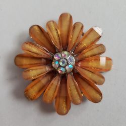 Vintage Orange Flower Brooch with Rhinestones