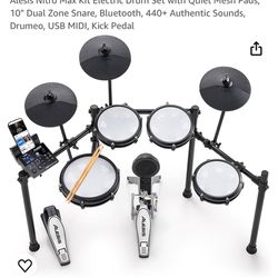 Alesis Nitro Max Kit Electric Drum Set with Quiet Mesh Pads, 10" Dual Zone Snare, Bluetooth, 440+ Authentic Sounds, Drumeo, USB MIDI, Kick Pedal