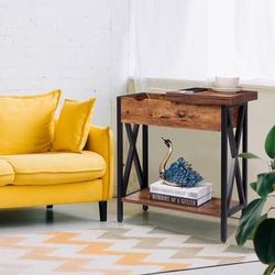 New Single End Table w/ Charging Station Flip Top Narrow Side Table X-design, Rustic Brown