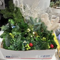 Box Full of Vintage Holiday Greenery & Picks for Crafting 