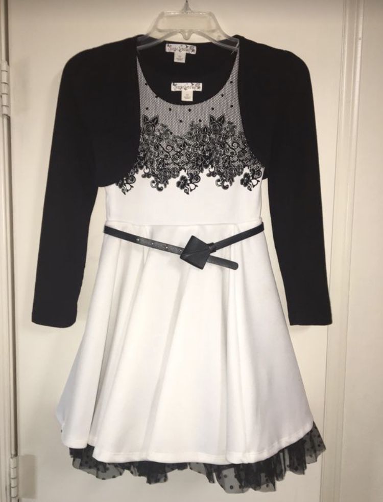 Girls Formal Holiday Party Embroidered Black & Off White Ivory Dress w/ Crop Jacket SZ 10