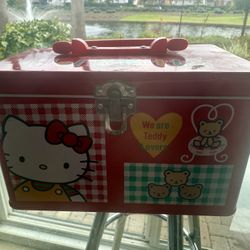 Vintage 1993 Sanrio Hello Kitty “We Are Teddy Lovers” Red Metal Tin Storage Box / Lunch Box