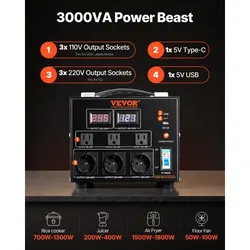 Power Converter, 3000W, Durable Step Up/Down Unit, Switches between 110V and 220V, Includes US and EU Outlets plus 5V USB, CE Approved