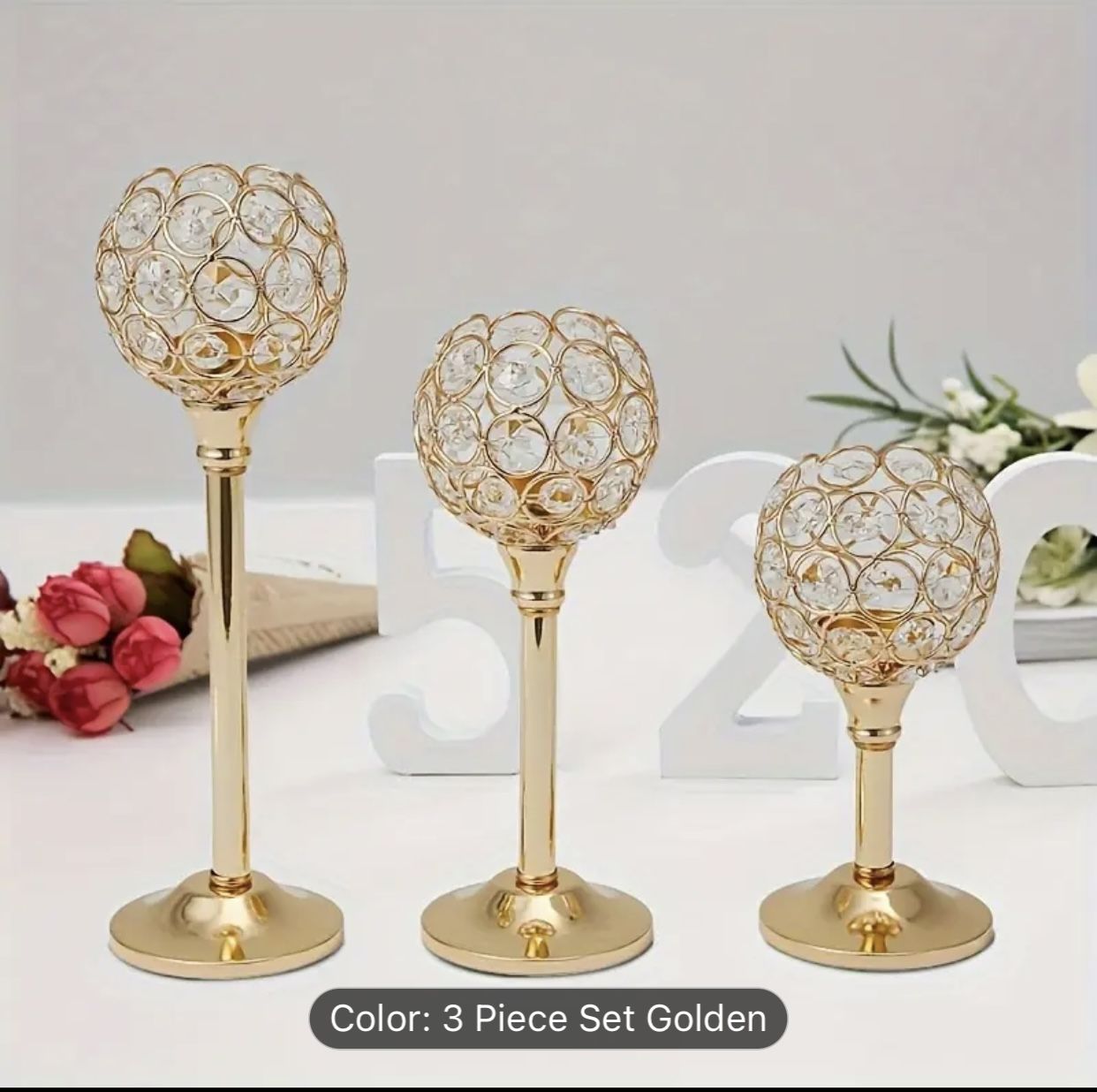 Set Of 3 Crystal And Golden Candle Holders - Windproof, Perfect For Christmas, Halloween Table Decorations, Romantic Dinners, Wedding Anniversaries, H