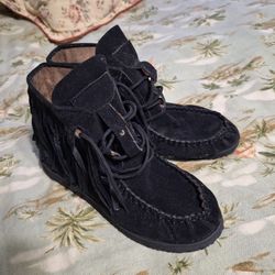 Black Suede Fringe Boots Size 10  - NEW 