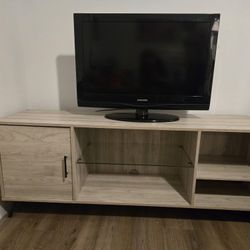 Modern TV Stand / Media Console – Wood Finish w/ Glass Shelf