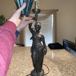 antique Artemis greek Goddess of Moon- holding leaded glass lampshade - statue needs repair