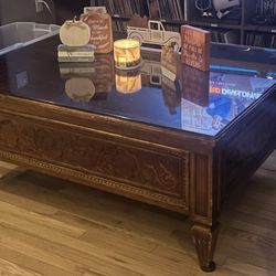 Theodore Alexander Coffee Table Very Heavy Has Extra Deep Drawers, Pull Out Leaves, Some Wood Damage On Top But Has Glass To Protect It Paid Over $5k