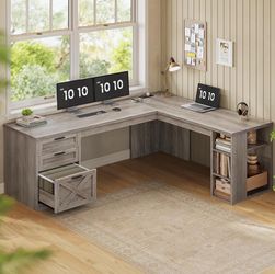 SEDETA 67" Farmhouse Executive L Shaped Desk with 3 Drawers
