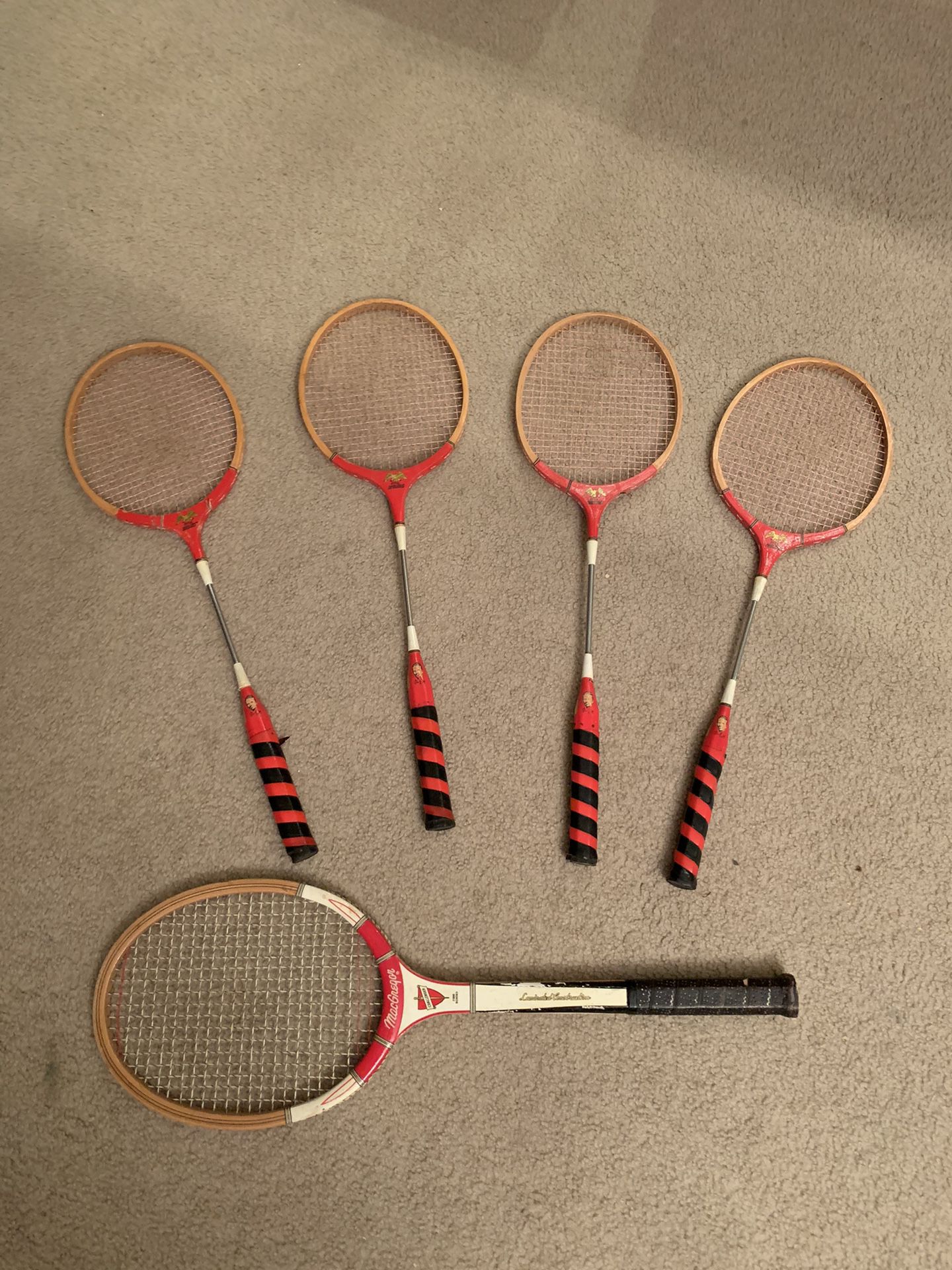 4 Vintage Badminton Racquets And 1 Tennis Racquet