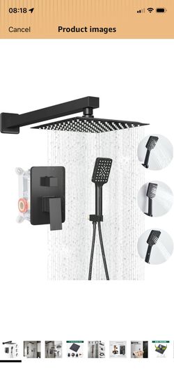 Shower Head Matte Black, Shower Faucet Set Bathroom Shower System with 8 inch Square Rain Shower Head Wall Mounted with 3-Setting Handheld Spray, Rain