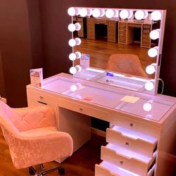 Vanity Makeup Unit,  Table Mirror And Chair