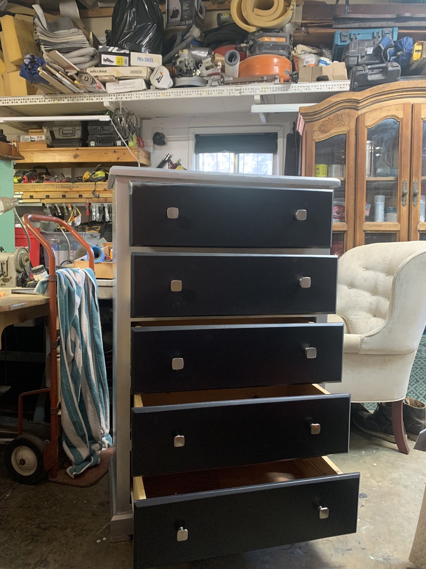 Freshly Painted Five Drawer, Tall Boy Dresser In Excellent Shape With Brand New Brushed Nickel Knobs