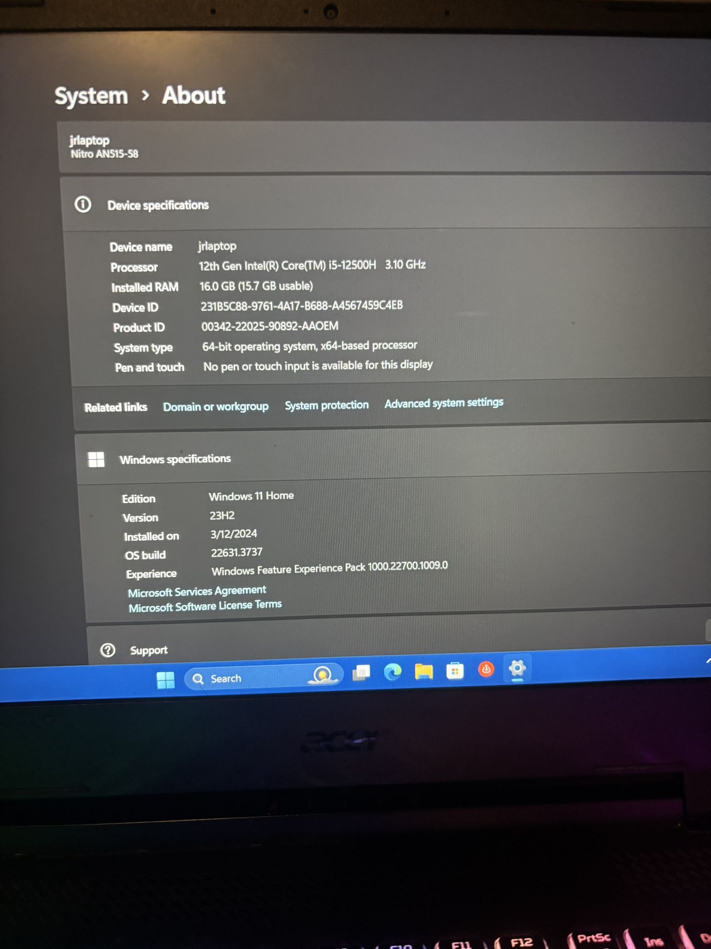 Black Acer Gaming Laptop