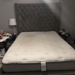 Queen Gray Upholstered Tufted Bed Frame and Mattress (Great Condition)