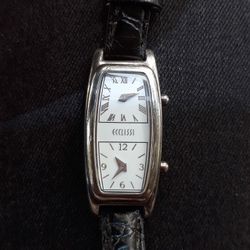 Sterling Silver Case Watch Black Leather Band. Ecclissi