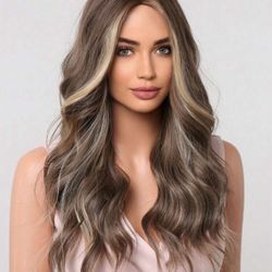Brown Mixed Blonde Wig Middle Part Long Curly Synthetic 22 Inches