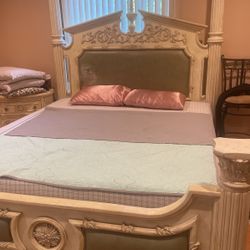 Antique CA King Bed. Bed, Mattress, Chest, Two Cabinets, Mirror 