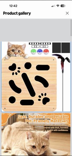 Cat Scratch Puzzle Enrichment Box, No Assembly Cat Toy for Indoor, Solid Wood Cat Nail File Box with Replacement Sandpaper, 3 Bell Balls, Teaser Wand,