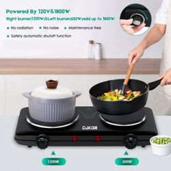 CUKOR Double Cast Iron 2 Burner, 1800W Countertop Burner, Dual Electric Stove Burners, Portable Double Burner for Cooking