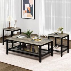 3 Pieces Living Room Coffee Table Set, Industrial Coffee Table with 2 Square End Side Tables for Apartment, Office