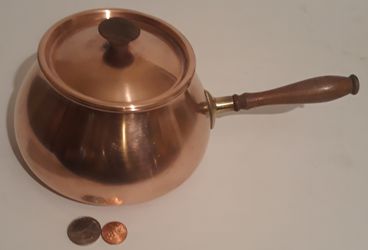 Vintage Metal Copper and Brass Cooking Pot, Lid, Wooden Handle, Made in Portugal, 11" Long and 6" x 3 1/2" Pan Size, Home Decor, Shelf Display Thumbnail