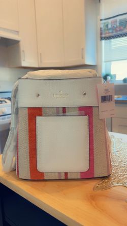 kate spade White Striped Shoulder Bag with Pink & Orange Accents