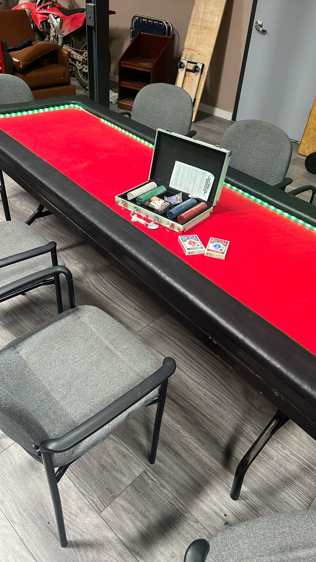 complete poker setup with led table, 10 chairs and chips
