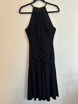 Laundry By Shelli Segal Black Halter Neckline Midi Dress with Ruched Front