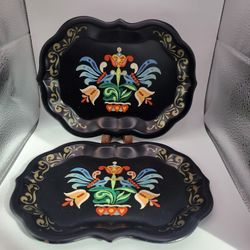 2 Vintage Toleware Metal Trays Hand Painted Spring Floral Bird Motif  9.5" x 7"