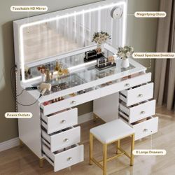 Toilet desk with mirror, power outlet and magnifying glass, makeup table with 8 drawers, 3 lighting colors, for bedroom and dressing room, white color