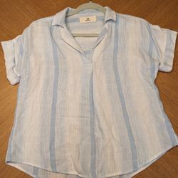 Thread and supply Linen Blouse white blue stripes V neck flowy
