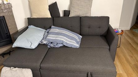 Vanyu Tufted Sleeper Sofa w/ Storage Chaise — Like New — Dark Gray