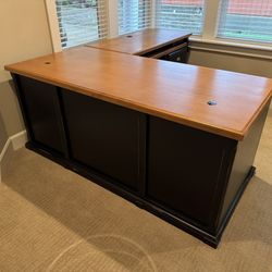 L Shaped Wooden Desk, Black Distressed