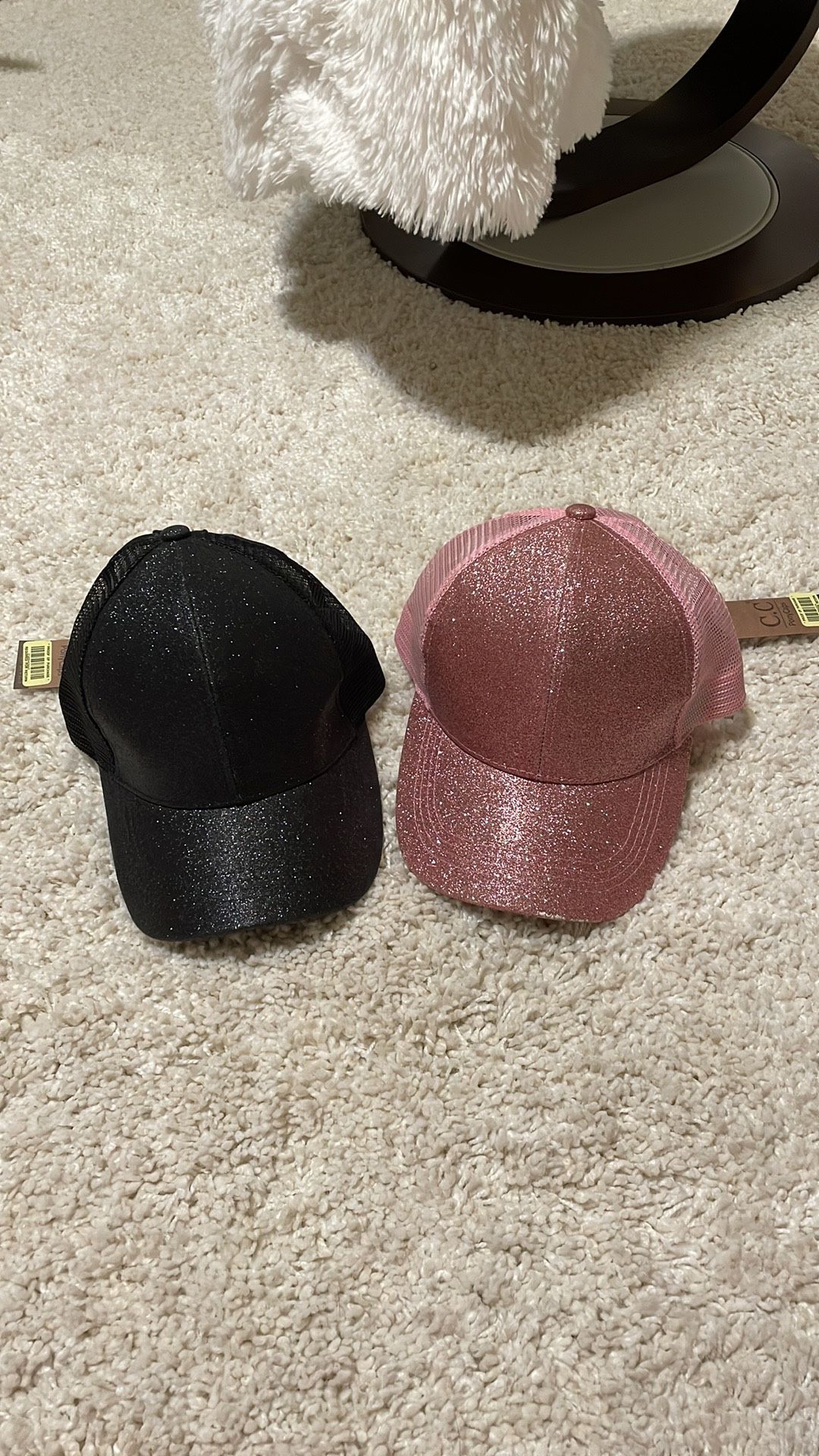 Set 2 hats New CC pony cap Sparkle bling pink black womens baseball cap hat ponytail