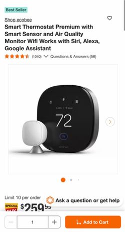 EcoBee Smart Thermostat Premium with Smart Sensor and Air Quality Monitor Wifi Works with Siri, Alexa, Google Assistant