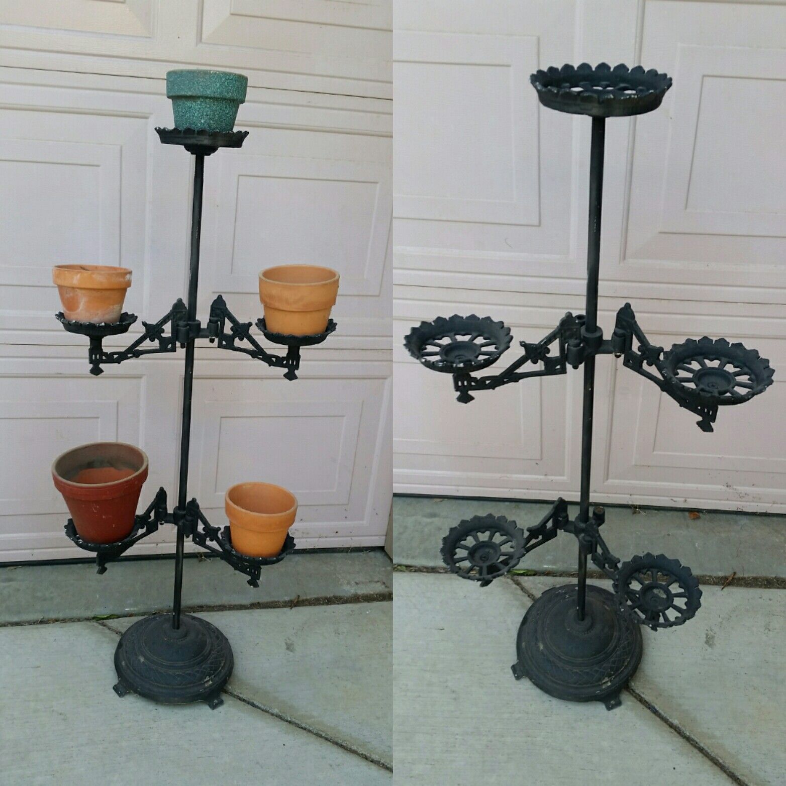 Cast Iron/Wrought Iron Plant Stand/Yard Art With Terracotta Pots