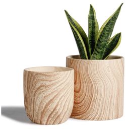 Ceramic Planter Pots Indoor - Set of 2 6 inch Modern Large Cylinder Planter + 4.8 inch Medium Round Plant Pot, Natural Wood Texture Decorative Contai