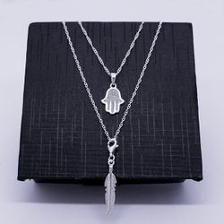 Double Chain Necklace with Hand of Fatima Charm and Feather Charm