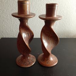 EXQUISITE Carved Soapstone Pair of 7" Twisted Candle Holders Made in Kenya.