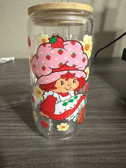 Strawberry Shortcake Glass Can Cup with Bamboo Lid