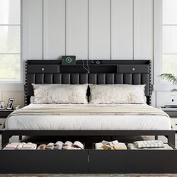 NEW King Size Upholstered Bed Frame - 4 Storage Drawers & Charging Station Black