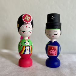 Vintage and Kokeshi doll couple hand painted mid century