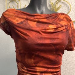 Mesh Off- Shoulder Ruched Top In A Rust- Orange Color 