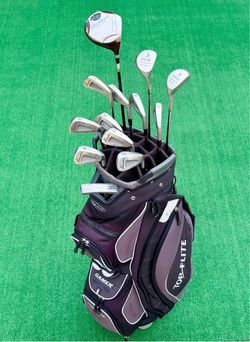Complete RH Pinseeker Golf Club Set | Cleveland Driver Woods Irons Putter + Top Flight Cart Bag