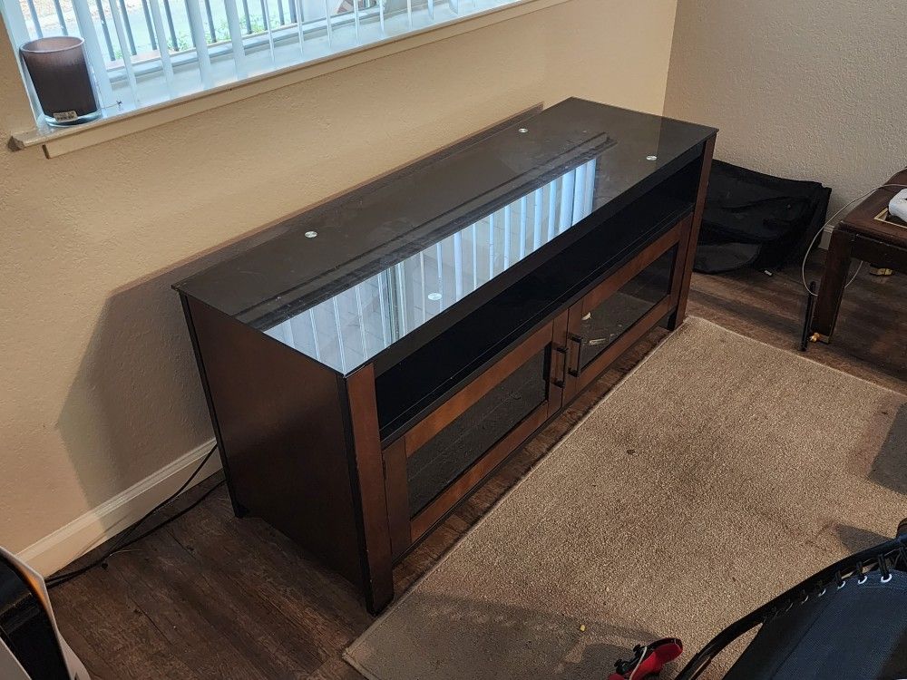 TEMPERED GLASS TOPPED TV Stand With 3 Interior Shelves