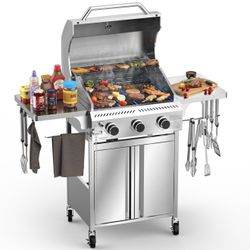 3-Burner Gas Grill with Folding Side Tables,Stainless Steel 24,000 BTU BBQ Grill,Outdoor Propane Grill for Barbecue,Patio,Camping  Brand Electactic Pr