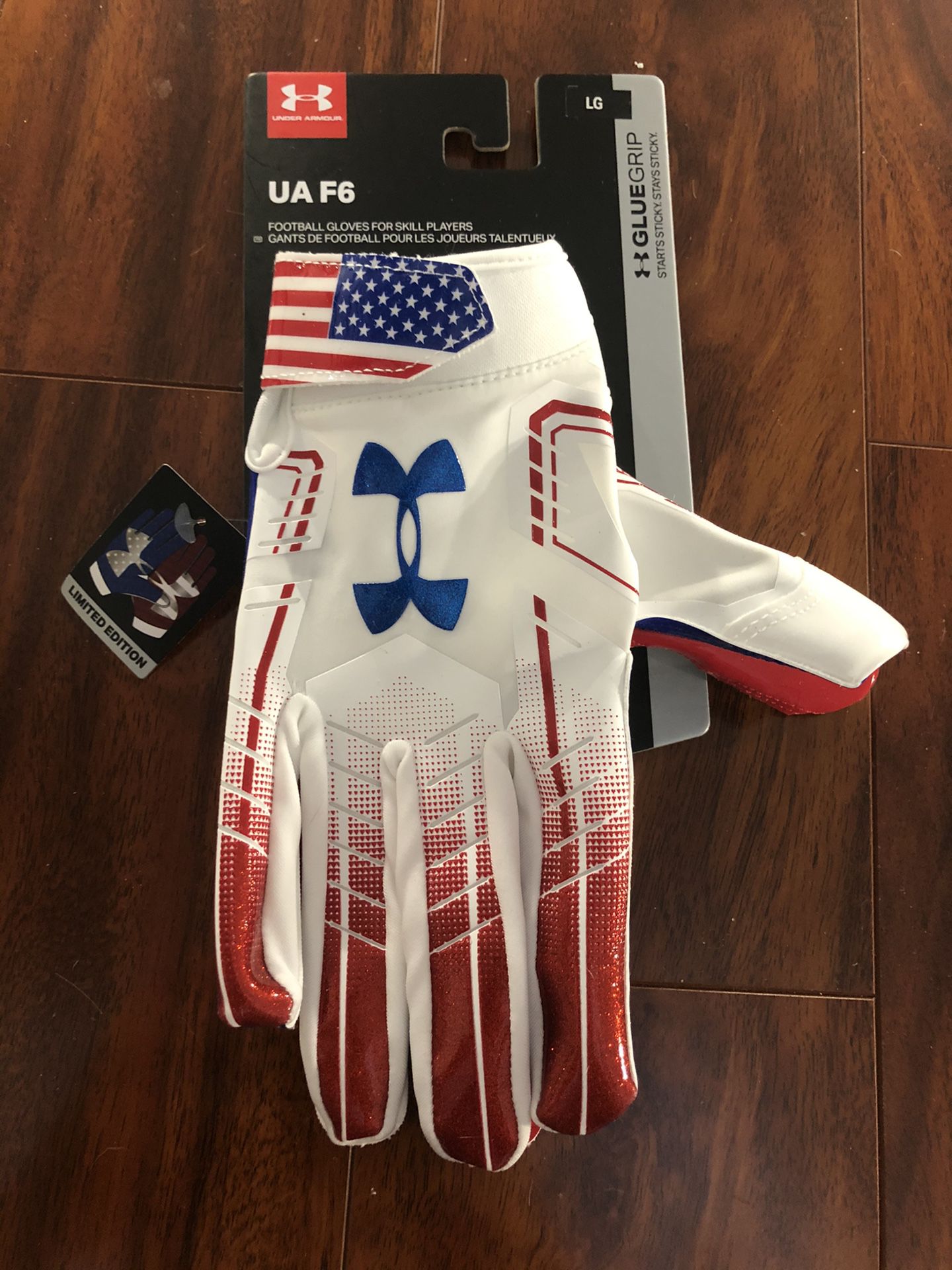 Under Armour F6 Glue Grip Receiver Football Gloves Limited Edition USA Flag Patriot LARGE