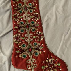 Red Beaded Silk Christmas Stocking - Brand New
