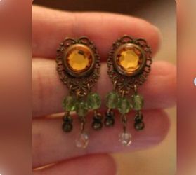 Dangle Earrings Tiny Green Beads Orangy Brown Stone Center Bronzy Look